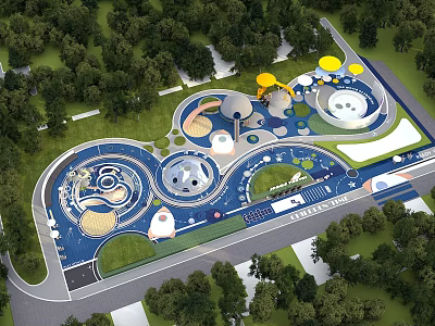 Modern Kids Playground Design With Colorful Play Structures Circular Areas And Green Trees 3d model