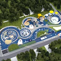 Modern Kids Playground Design With Colorful Play Structures Circular Areas And Green Trees