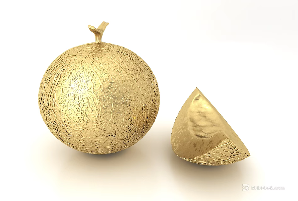 Elegant Golden Melon Decorative Ornament Set With Whole And Sliced Pieces 3d model 