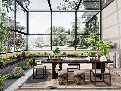 Villa Balcony Chinese Style With Glass Walls And Greenery 3d model
