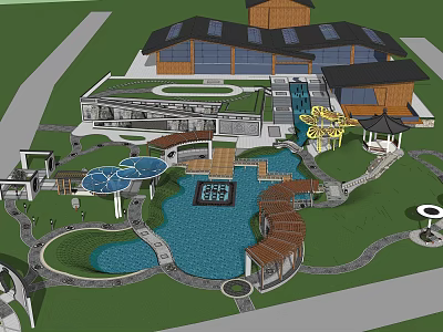 Park Landscape with Water Pond Walkways Wooden Pavilion Circular Shade Structures and Green Lawns 3d model