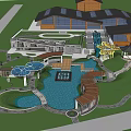 Park Landscape with Water Pond Walkways Wooden Pavilion Circular Shade Structures and Green Lawns