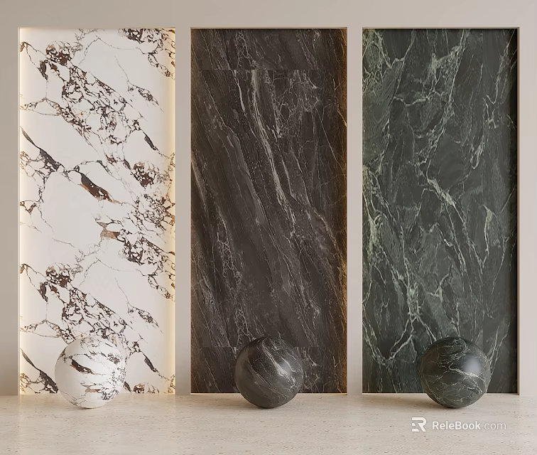 Marble Texture Wall Paneling In Different Colors White Dark Gray Green With Decorative Balls 3d model 