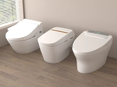 Three White Smart Toilets in Modern Bathroom with Wooden Floor and Window Blinds 3d model