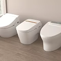 Three White Smart Toilets in Modern Bathroom with Wooden Floor and Window Blinds