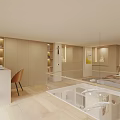 Modern Loft Apartment Interior With Open Space Bed Area Wooden Stairs And Blinds