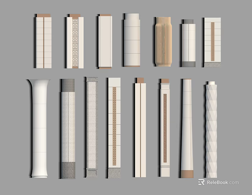 Various Decorative Columns Featuring Different Textures Modern Classic Patterns And Surface Details 3d model