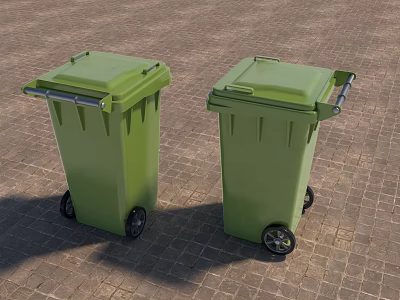 Public Facility Green Trash Bins Equipped With Wheels And Lid On Paved Ground 3d model