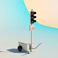 Portable Traffic Light System With Mobile Trailer Base and Warning Sign on Clear Sky Background