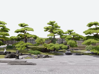 Japanese Garden Features With Pruned Pine Trees Raked Sand Stones Moss and Bamboo Fence 3d model