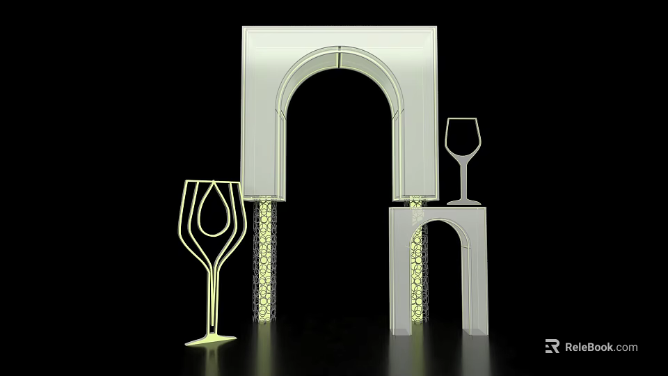 White Arched Event Display Wall With Yellow Wine Glass Silhouettes And Black Background 3d model 