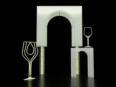 White Arched Event Display Wall With Yellow Wine Glass Silhouettes And Black Background 3d model