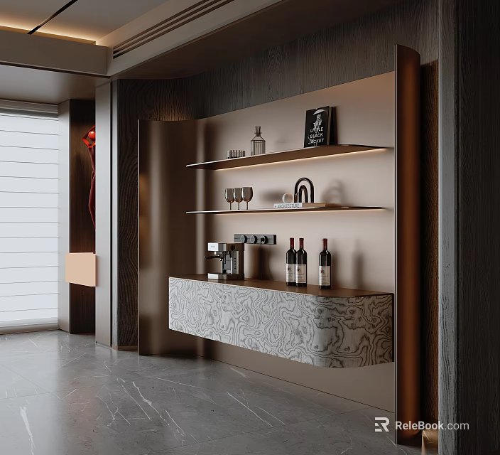 Elegant Modern Sideboard With Open Shelves Wine Bottles Glasses And Decorative Items 3d model 