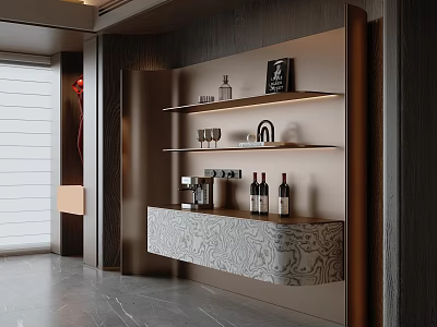 Elegant Modern Sideboard With Open Shelves Wine Bottles Glasses And Decorative Items 3d model