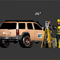 Orange SUV With Roof Rack Near Workers Using Surveying Equipment And Drone