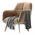 Elegant Brown Velvet Single Sofa With Wide Armrest Gray Throw Blanket And Wooden Legs