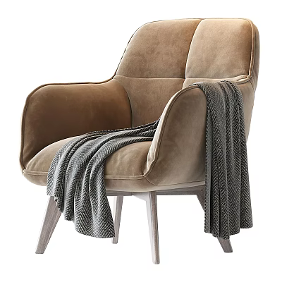 Elegant Brown Velvet Single Sofa With Wide Armrest Gray Throw Blanket And Wooden Legs 3d model