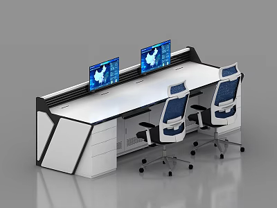 Modern Office Desk with Dual Monitors Ergonomic Chairs White Black Drawers 3d model