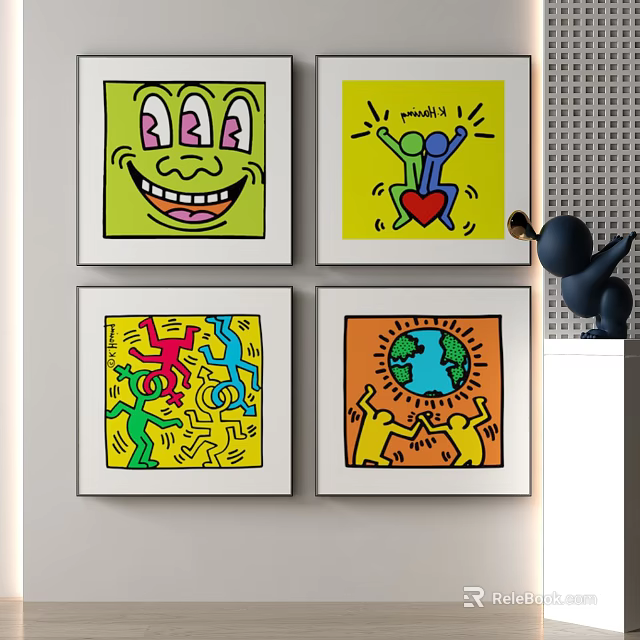 Vibrant Art Prints Featuring Happy Faces Dancing Figures And Earth Wall Decor 3d model