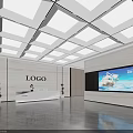 Spacious Modern Corporate Reception Lobby With Polished Marble Walls And Large Wall Mounted Digital