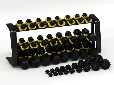 Black Dumbbells With Yellow Bases On Multi Layer Rack And Scattered Small Weights 3d model