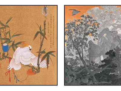 Traditional Eastern Art Paintings With Bamboo White Bird Trees Rocks And Golden Background 3d model