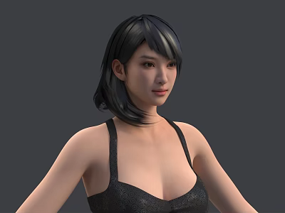 Woman With Short Hair Wearing Black Lace Camisole Against Gray Background 3d model