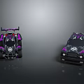 Two Black And Purple Racing Cars With Body Graphics And Rear Spoilers