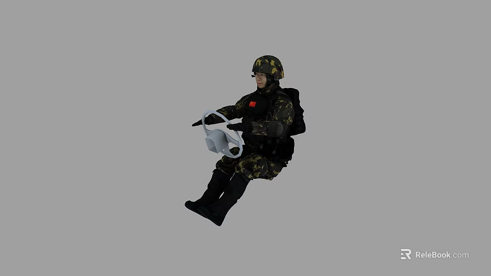 Man In Military Camouflage Uniform Wearing Helmet Operating Steering Wheel 3d model 