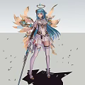 Elegant Fantasy Game Movie Character With Blue Long Hair White Outfit And Wings