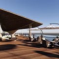 Relaxing Lakeside Garden Landscape With Wooden Deck Canopy And Water Reflection