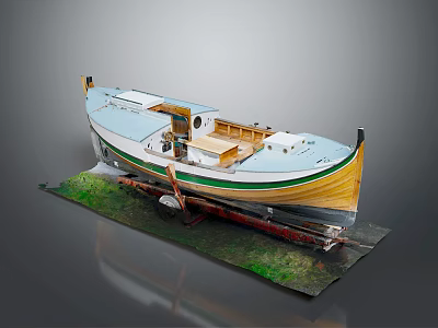 Wooden Boat Model With Yellow White Hull Green Stripe On Grass Base 3d model