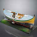 Wooden Boat Model With Yellow White Hull Green Stripe On Grass Base