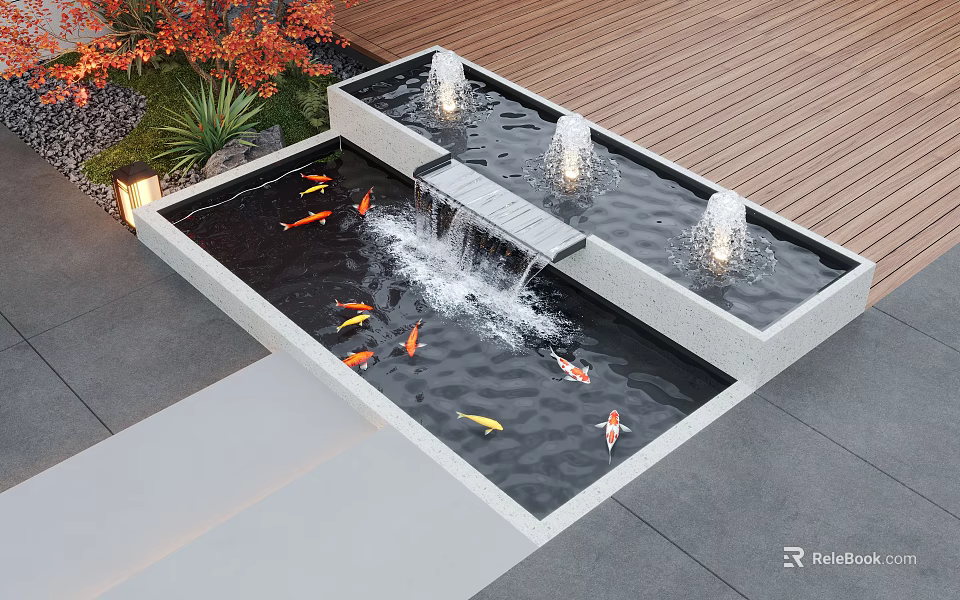 Outdoor Decorative Water Fountain With Multiple Jets Koi Fish And Lush Greenery By Wooden Deck 3d model 