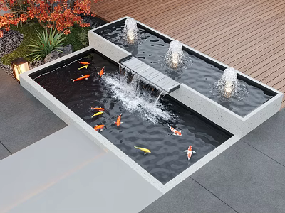 Outdoor Decorative Water Fountain With Multiple Jets Koi Fish And Lush Greenery By Wooden Deck 3d model