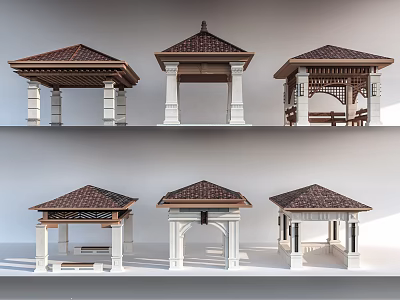 Various Outdoor Pavilion Designs With Brown Roofs White Pillars And Decorative Elements 3d model