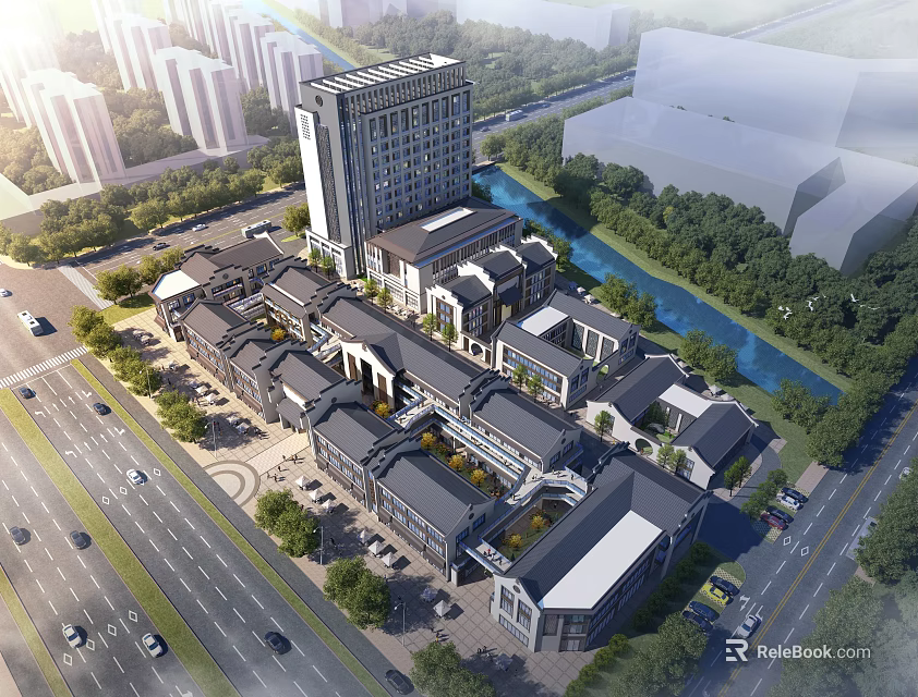 Urban Traditional Commercial Street Featuring Modern High Rise Buildings River Roads Vehicles And Greenery 3d model 