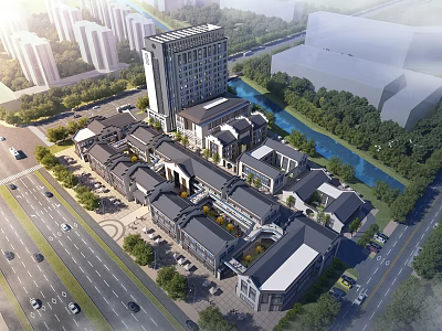 Urban Traditional Commercial Street Featuring Modern High Rise Buildings River Roads Vehicles And Greenery 3d model