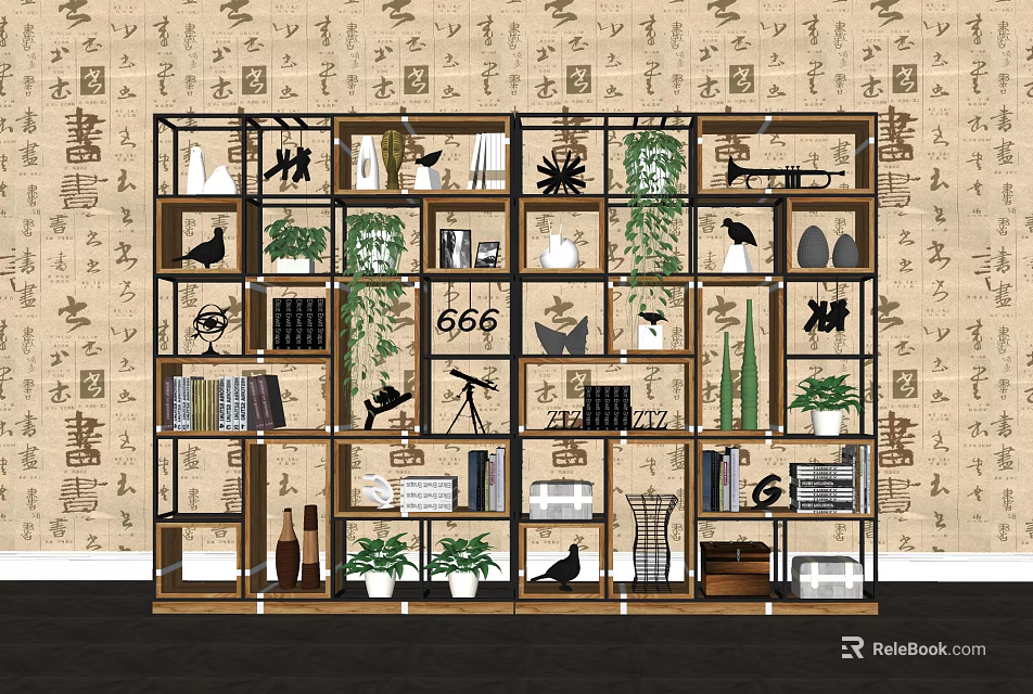 Modern Open Shelving Unit With Multi Tier Design Green Plants Books And Decorative Items 3d model 