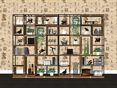 Modern Open Shelving Unit With Multi Tier Design Green Plants Books And Decorative Items 3d model
