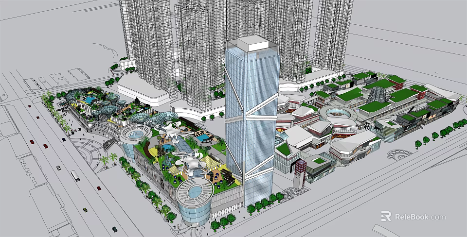 Modern Urban Commercial Street With High Rise Buildings Green Landscaping And Plaza 3d model