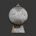 Rusty Cylindrical Metal Tank With Top Valves And Legs On Reflective Surface