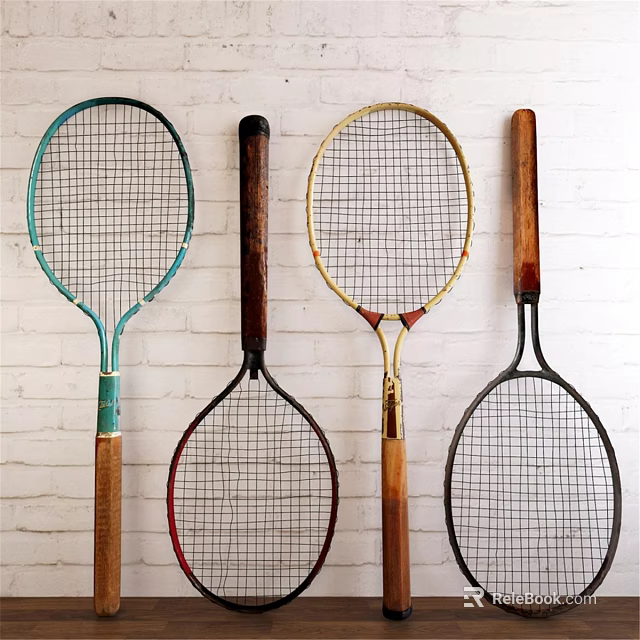 Vintage Tennis Rackets Hanging On White Brick Wall For Sports Equipment 3d model 