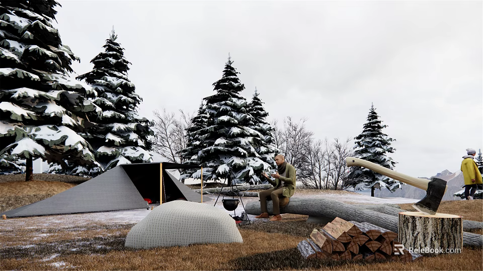 Cozy Winter Tent in Snowy Pine Forest with Firewood and Grill 3d model 