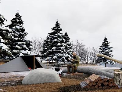 Cozy Winter Tent in Snowy Pine Forest with Firewood and Grill 3d model