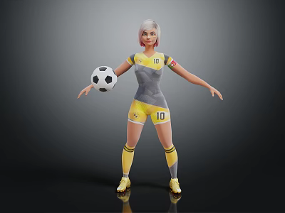 Female Soccer Player Standing With Pink Hair In Yellow Gray Number 10 Jersey Holding Football 3d model
