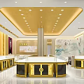 Elegant Jewelry Store Interior Design With Gold Decor Display Counters And Model Posters