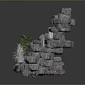 Garden Ornament Stone Rockery With Flowing Waterfall And Surrounding Decorative Plants