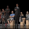 Diverse Group of People in Various Poses with Man in Suit Shopping Bags and Bicycle