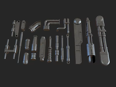 Various Metal Mechanical Parts Including Bolts Nuts Wrenches Pipes And Connectors 3d model